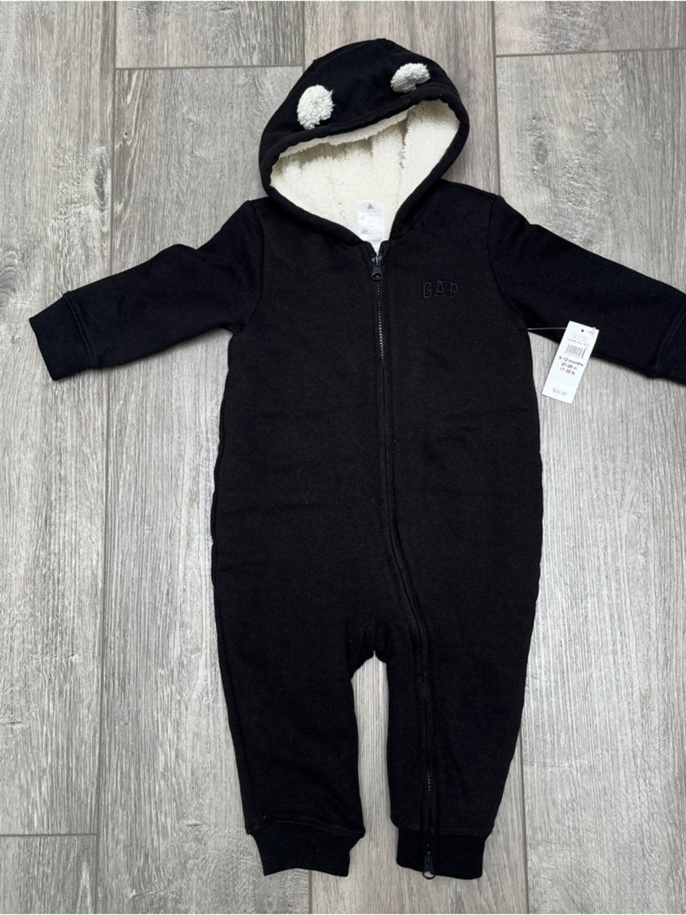 NWT. GAP Black Hooded Sherpa-Lined Baby Onesie